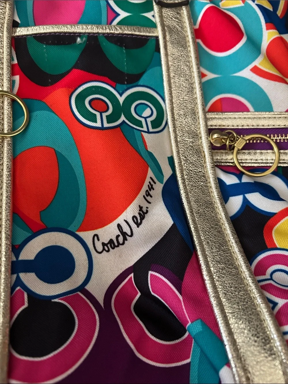 Coach Multicolor Signature Circle Tote with Gold Trim